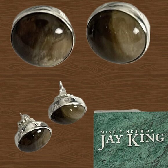 Jay King Cabochones Petrified Wood Set in .925 Sterling Silver Stud Earrings - Picture 1 of 4